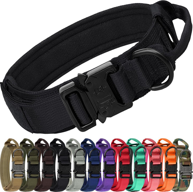 Tactical Dog Collar with Handle and Metal Buckle Heavy Duty Padded Military 2 Patches for Training