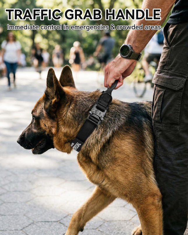 Tactical Dog Collar with Handle and Metal Buckle Heavy Duty Padded Military 2 Patches for Training – product detail