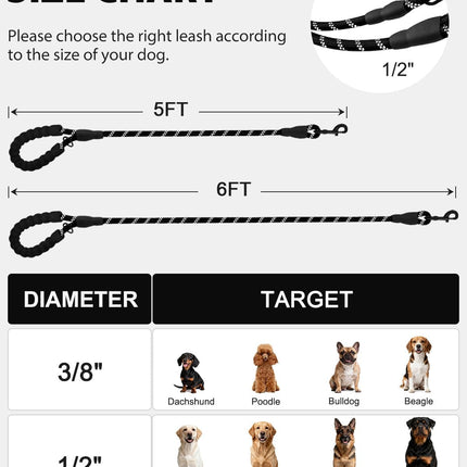 Dog Leash for Large Dogs, Heavy Duty Nylon Leashes with Comfortable Padded Handle and Highly Reflective Threads, Ideal Walking Training, Black, 6'×1/2'' Black 6FT×1/2'' (20~120 lbs)