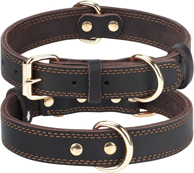 Genuine Leather Dog Collar for Large Dogs Heavy Duty Thick Solid Power Breeds Sturdy Adjustable in Brown