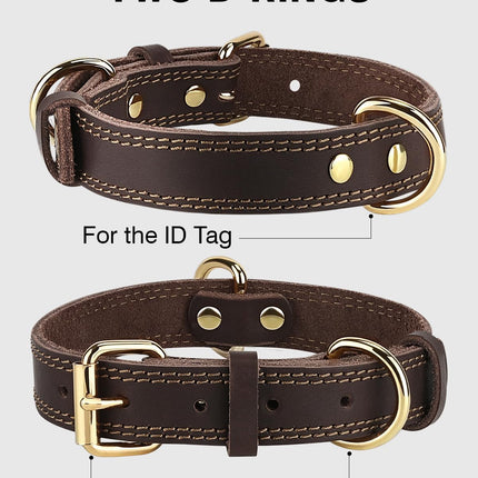 Genuine Leather Dog Collar for Large Dogs, Heavy Duty Thick Solid Power Breeds, Sturdy Adjustable Pet with Metal Pin Buckle, Durable Daily Walking, Brown, L Brown