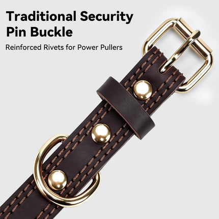Genuine Leather Dog Collar for Large Dogs, Heavy Duty Thick Solid Power Breeds, Sturdy Adjustable Pet with Metal Pin Buckle, Durable Daily Walking, Brown, L Brown