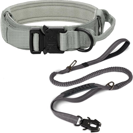 Tactical Dog Collar(15"-18") and Leash Set, Adjustable Strong Collar with Handle Shock Absorbing Bungee for Medium Dogs(Gray,M) -