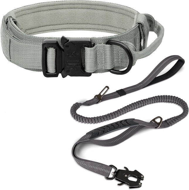 Tactical Dog Collar(15 -18) and Leash Set Adjustable Strong Collar with Handle Shock Absorbing Bungee for