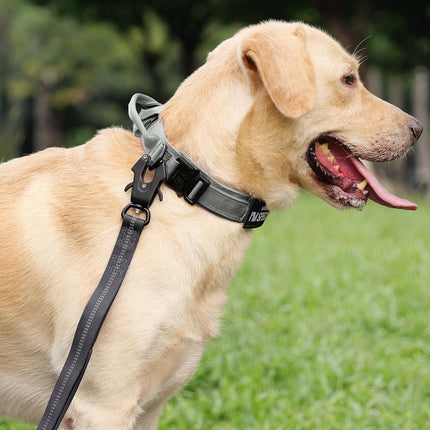 Tactical Dog Collar(15"-18") and Leash Set, Adjustable Strong Collar with Handle Shock Absorbing Bungee for Medium Dogs(Gray,M) -