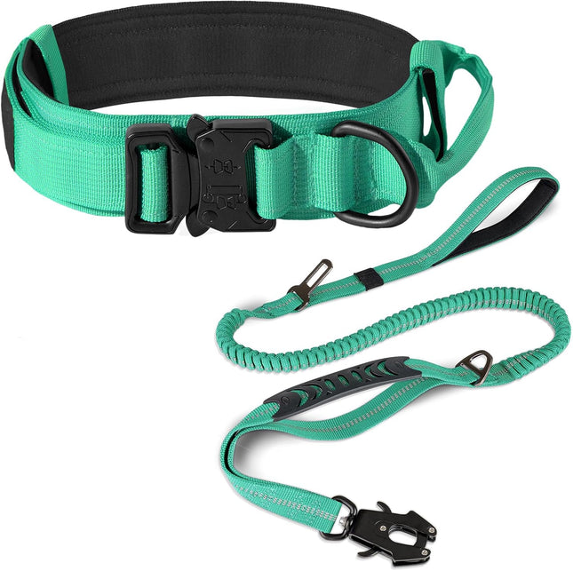 Tactical Dog Collar(20 -24) and Leash Set Adjustable Strong Collar with Handle Shock Absorbing Bungee for