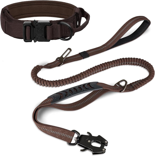 Tactical Dog Collar(17 -21) and Leash Set Shock Absorbing Bungee Adjustable Strong Collar with Handle for