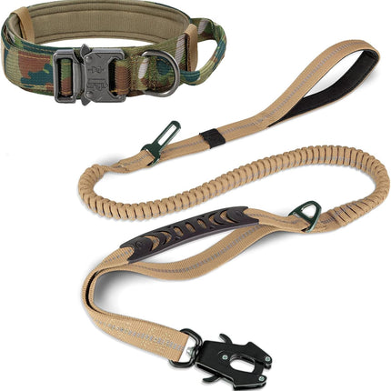 Tactical Dog Collar(17"-21") and Leash Set, Shock Absorbing Bungee Adjustable Strong Collar with Handle for Large Dogs(Camouflage, L) -