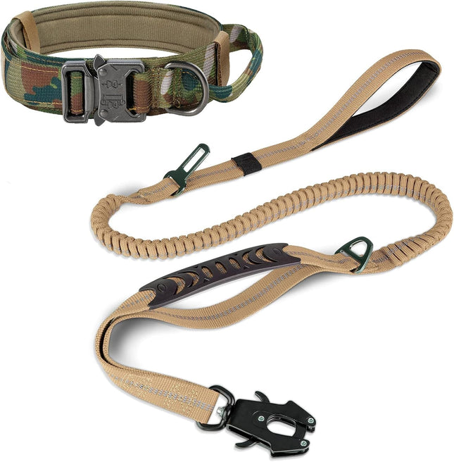 Tactical Dog Collar(17 -21) and Leash Set Shock Absorbing Bungee Adjustable Strong Collar with Handle for