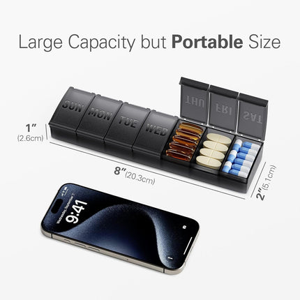 Pill Organizer Large, Weekly Medicine Organizers, 7 Day Pills Box Case Travel for Big Vitamin Supplements Fish Oil, Black -
