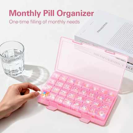 Monthly Pill Organizer 1 Time a Day, 30 Day Once One Month Pills Box for Travel, Pink Medicine Vitamins, Supplements & Fish Oils -