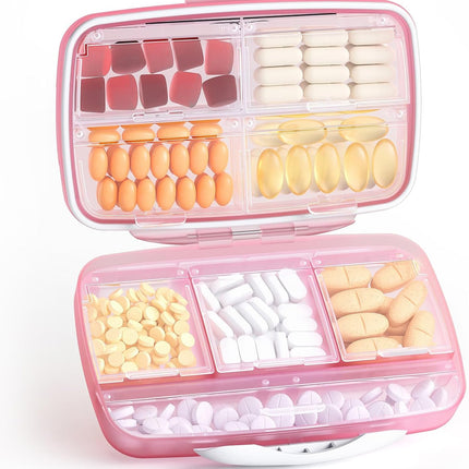 Large Pill Organizer with 8 Compartments, Pocket Pharmacy Travel Box Moisture-Proof, Portable Vitamin for Fish Oil & Supplements (Pink) Pink -