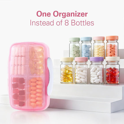 Large Pill Organizer with 8 Compartments, Pocket Pharmacy Travel Box Moisture-Proof, Portable Vitamin for Fish Oil & Supplements (Pink) Pink -