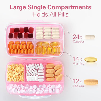 Large Pill Organizer with 8 Compartments, Pocket Pharmacy Travel Box Moisture-Proof, Portable Vitamin for Fish Oil & Supplements (Pink) Pink -