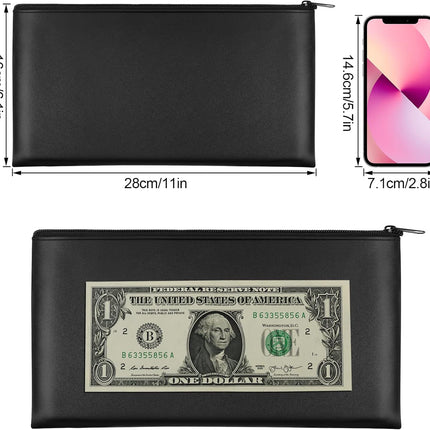 2 Pieces Money Bags with Zipper, 11x6.1 inch Pouch, Bank Bag, Cash Check Wallet, Cosmetics Black