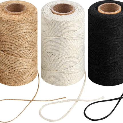 984 Ft Twine String, Natural Jute Twine, 2mm White Cotton Rope, 10ply Black for Crafts, Art, Gardening Plants, Gift Wrapping, Decoration, Packing String Bulk(3 Rolls) - 3 Rolls