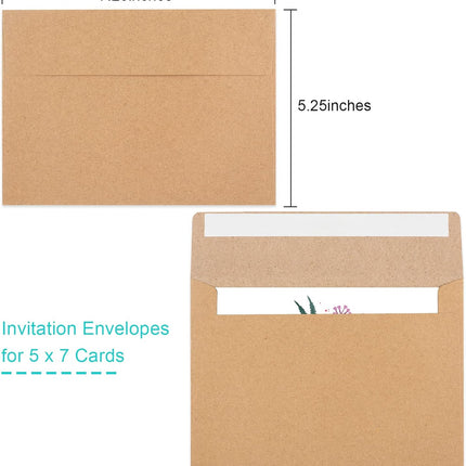 50 Pack Brown Kraft Envelopes, 5x7 Envelopes for Invitations, A7 Invitation Personalize Gift Cards, Wedding, Baby Shower, Birthday Party - (5.25x7.25in)