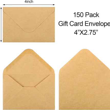 150 Pack Gift Card Envelopes, 4" x 2.75" Mini Brown Kraft Business Small Envelopes for Holidays, Weddings, Baby Showers, Birthdays Banquets -