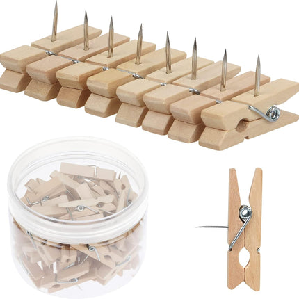 50 PCS Push Pin with Wooden Clips, Durable Pins, Decorative Pushpins Tacks Thumbtacks, for Cork Board Artworks Notes Photos, Craft Projects, Offices and Homes (Burlywood) -