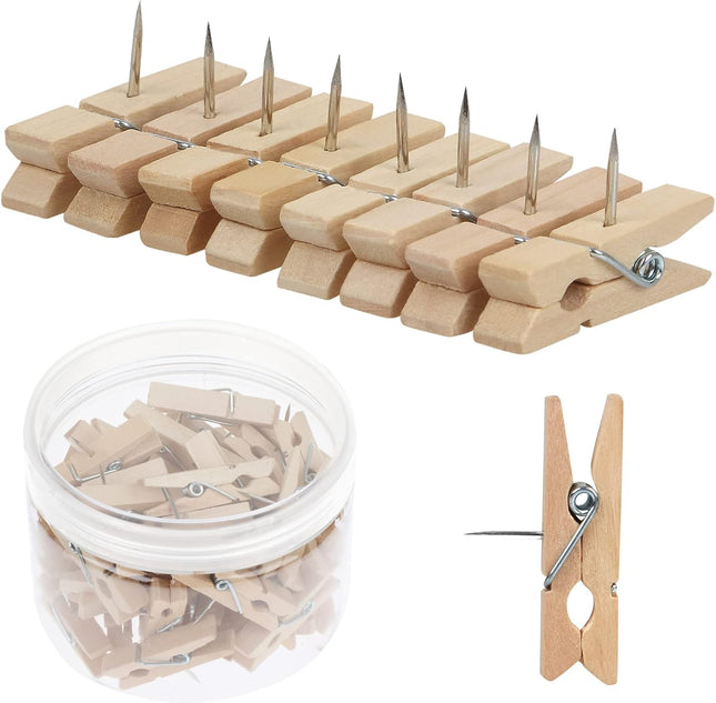 50 PCS Push Pin with Wooden Clips Durable Pins Decorative Pushpins Tacks Thumbtacks for Cork Board