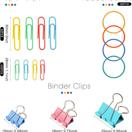 300 Pcs Binder Clips, Rubber Bands, Office Set, Paper School & Teacher Supplies for Desk Essentials (Assorted Sizes) -
