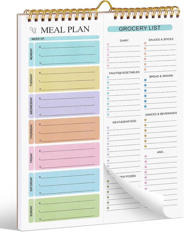 Weekly Meal Planner Notebook 8.5x11 50 Sheets Magnetic Double Helix and Grocery List Wall-Mountable Menu