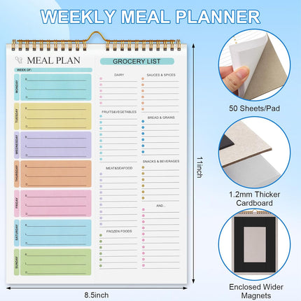 Weekly Meal Planner Notebook 8.5x11”, 50 Sheets Magnetic, Double Helix and Grocery List, Wall-Mountable Menu for Fridge Notepad Daily & Plan -