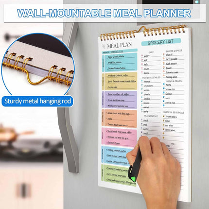 Weekly Meal Planner Notebook 8.5x11”, 50 Sheets Magnetic, Double Helix and Grocery List, Wall-Mountable Menu for Fridge Notepad Daily & Plan -