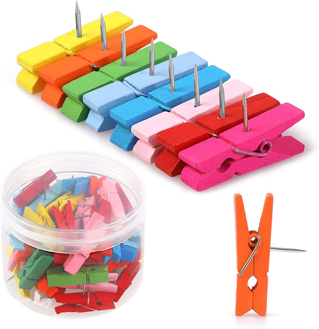 50 PCS Colorful Push Pin with Wooden Clips Durable Decorative Pushpins Tacks Thumbtacks for Cork Board (8