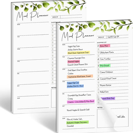2 PCS Weekly Meal Planner Magnetic for Fridge 8.3x5.5”, Undated and Grocery List Tearable Shopping List, Menu Plan - 50 Pages/Book