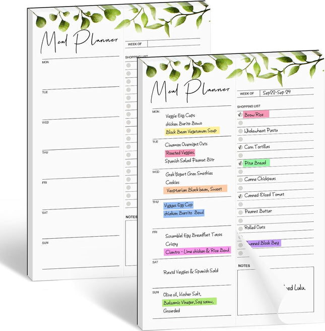 2 PCS Weekly Meal Planner Magnetic for Fridge 8.3x5.5 Undated and Grocery List Tearable Shopping List Menu