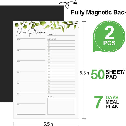 2 PCS Weekly Meal Planner Magnetic for Fridge 8.3x5.5”, Undated and Grocery List Tearable Shopping List, Menu Plan - 50 Pages/Book