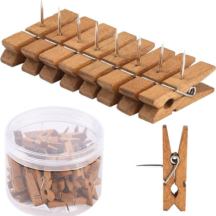 50 PCS Push Pin with Wooden Clips, Durable Pins, Decorative Pushpins Tacks Thumbtacks, for Cork Board Artworks Notes Photos, Craft Projects, Offices and Homes Brown -