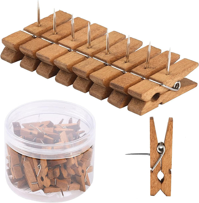 50 PCS Push Pin with Wooden Clips Durable Pins Decorative Pushpins Tacks Thumbtacks for Cork in Brown