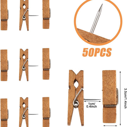 50 PCS Push Pin with Wooden Clips, Durable Pins, Decorative Pushpins Tacks Thumbtacks, for Cork Board Artworks Notes Photos, Craft Projects, Offices and Homes Brown -