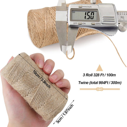 984 FT Natural Jute Twine, 3ply Thin Ribbon Hemp Twine for Gardening, Plant, Gift Wrapping, Art, Wedding Decoration, Packing, Bulk (3 Roll) - (3p)