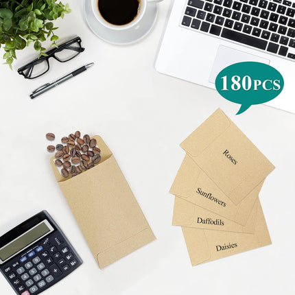 180 Pack Coin Envelopes 2.35"3.5", Brown Kraft Small Seed Packets, Full-Flap Seal Mini for Office, Home, School -