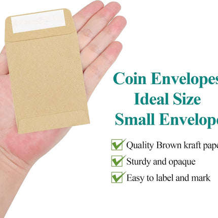 180 Pack Coin Envelopes 2.35"3.5", Brown Kraft Small Seed Packets, Full-Flap Seal Mini for Office, Home, School -