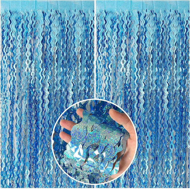 Tinsel Foil Fringe Curtains Wavy Backdrop for Parties Sparkle Metallic Curtain Party Decorations in Blue