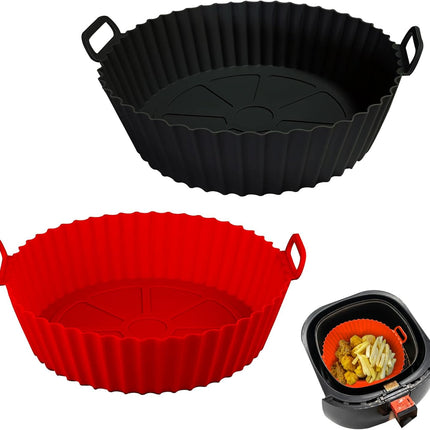 Air Fryer Silicone Liners Pot,8 inch Basket Liners, Baking Tray Pots for 3 to 5 Qt fryer Oven Reusable Accessories (Red+Black) -