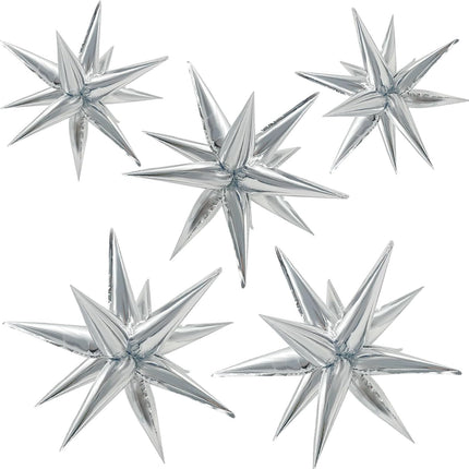 60Pcs Silver Star Balloons Birthday Decorations Explosion Mylar 12 Spike Balloon Large Foil Prom for Wedding Anniversary Christmas New Year Eve Party Backdrops Supplies -