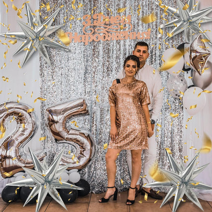 60Pcs Silver Star Balloons Birthday Decorations Explosion Mylar 12 Spike Balloon Large Foil Prom for Wedding Anniversary Christmas New Year Eve Party Backdrops Supplies -