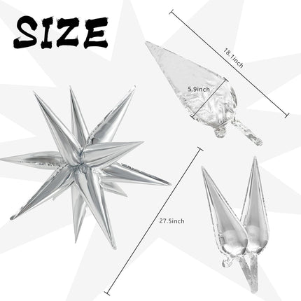 60Pcs Silver Star Balloons Birthday Decorations Explosion Mylar 12 Spike Balloon Large Foil Prom for Wedding Anniversary Christmas New Year Eve Party Backdrops Supplies -
