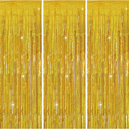 3 Pack Gold Backdrop Birthday Decorations Foil Curtain Streamers Dance Party Photo Booth Props for Bachelorette Christmas Halloween New Years Eve Supplies -
