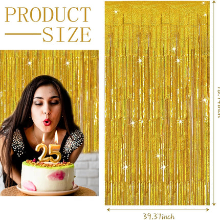 3 Pack Gold Backdrop Birthday Decorations Foil Curtain Streamers Dance Party Photo Booth Props for Bachelorette Christmas Halloween New Years Eve Supplies -