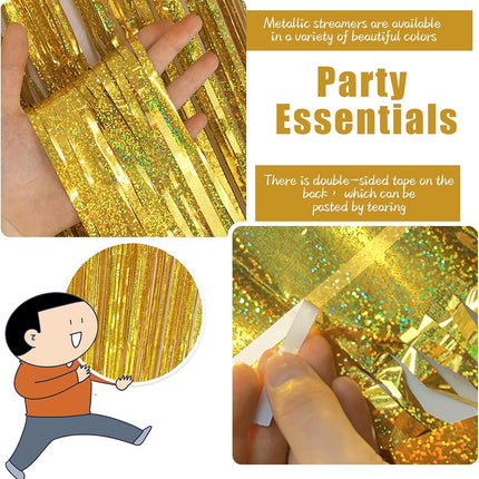 3 Pack Gold Backdrop Birthday Decorations Foil Curtain Streamers Dance Party Photo Booth Props for Bachelorette Christmas Halloween New Years Eve Supplies -