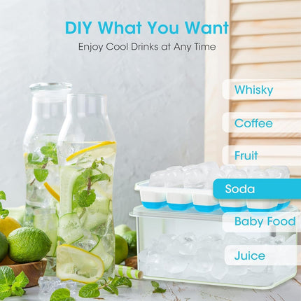 Ice Cube Tray with Lid and Bin - 4 Pack Silicone Trays for Freezer, Stackable Bucket Kits Storage Container & Scoop Kitchen, RV, Cocktail, Coffee Blue 8.2*4.5*3.6IN