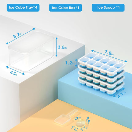 Ice Cube Tray with Lid and Bin - 4 Pack Silicone Trays for Freezer, Stackable Bucket Kits Storage Container & Scoop Kitchen, RV, Cocktail, Coffee Blue 8.2*4.5*3.6IN