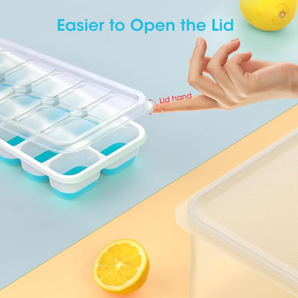 Ice Cube Tray with Lid and Bin - 4 Pack Silicone Trays for Freezer, Stackable Bucket Kits Storage Container & Scoop Kitchen, RV, Cocktail, Coffee Blue 8.2*4.5*3.6IN
