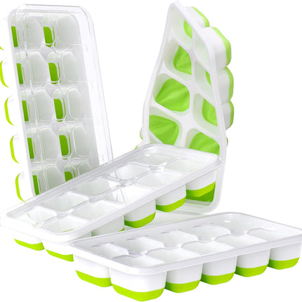 Ice Cube Tray with Lids - 4 Pack Stackable Silicone Trays for Freezer, BPA & LFGB Safe, Easy Release Kitchen, RV, Cocktail, Coffee, Soup Food Green 7.2"*4.1"*1.3"